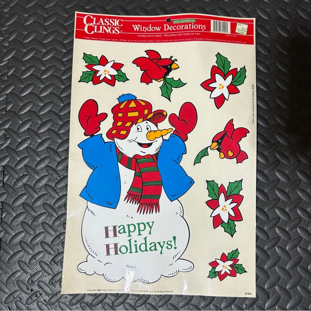 Vintage Christmas Window Cling Decorations Snowman Cardinal Holidays 90s NEW